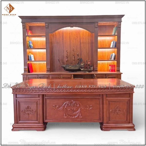 Bàn Làm Việc Giám Đốc dài 217cm Mẫu Italy Gỗ Gõ Đỏ 