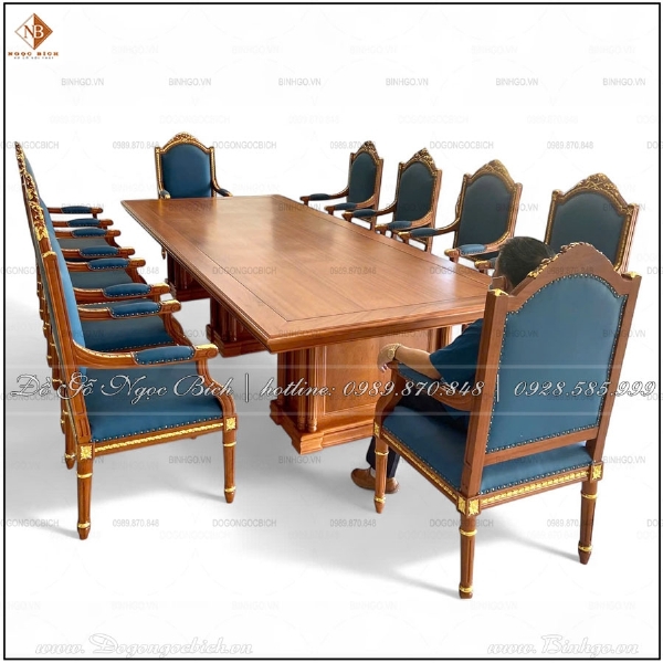 Bàn họp gỗ tự nhiên dài 3m6 và 10 ghế 