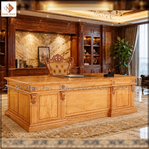 Bàn làm việc Chủ tịch gỗ Gõ Đỏ kích thước 2m2 phong cách châu Âu