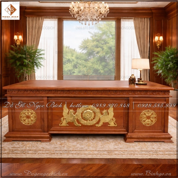 Bàn làm việc Chủ tịch gỗ Gõ Đỏ kích thước 2m phong cách tân cổ điển
