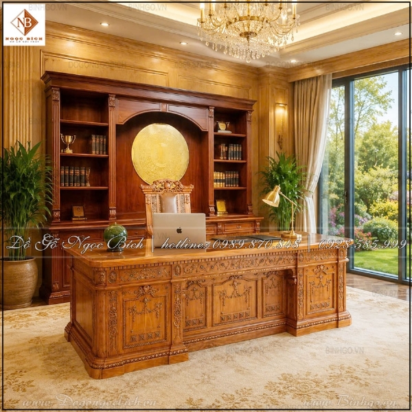 Bàn làm việc Chủ tịch gỗ Hương kích thước 2m6 phong cách Obama 