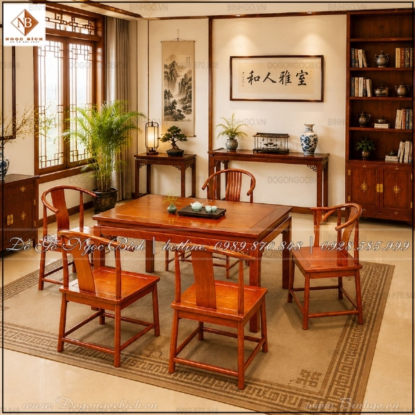 Bộ Bàn Trà Gỗ Gõ Đỏ Phong Cách Á Đông Sang Trọng