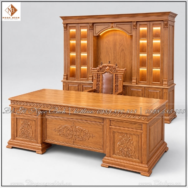 Combo Bàn Làm Việc Hoa Lá Tây Gỗ Tự Nhiên Dài 2m17