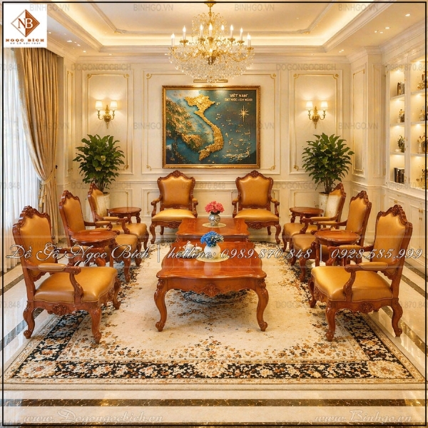 Phòng Tiếp Khách Sang Trọng Với Gỗ Gõ Đỏ